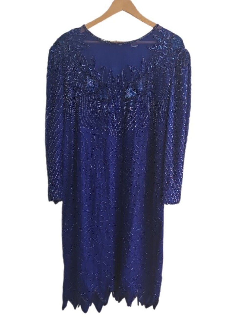Denise Elle Silk Beaded Sequin Dress Women’s XL Blue Art Deco Evening Formal